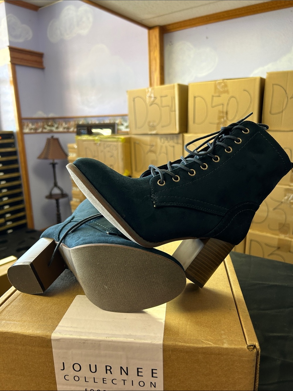Journee Collection Dark Blue Lace-Up Suede Block Heel Ankle Boots